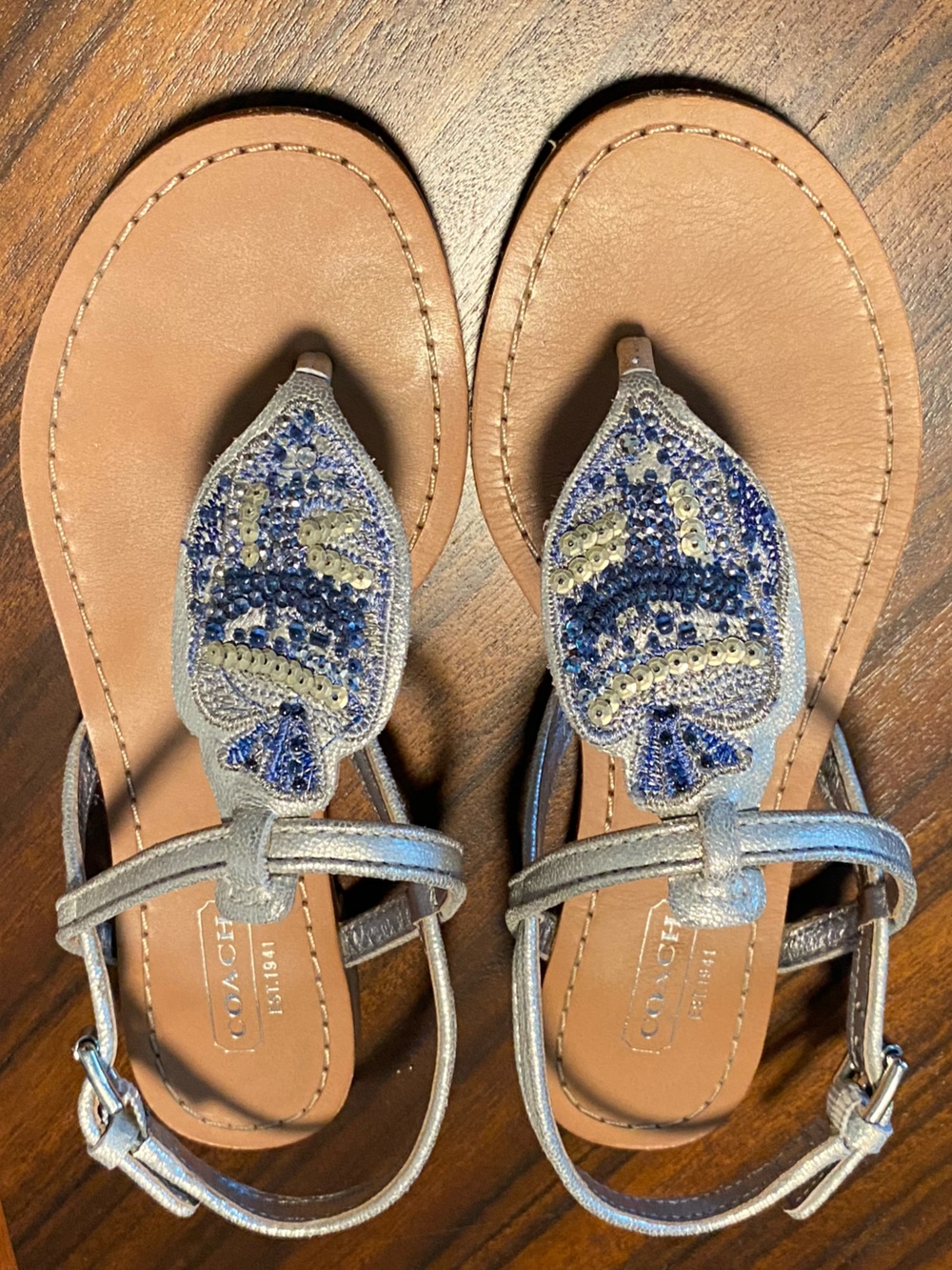 Coach Silver “Olga” Sandals with Blue and Gold Beading